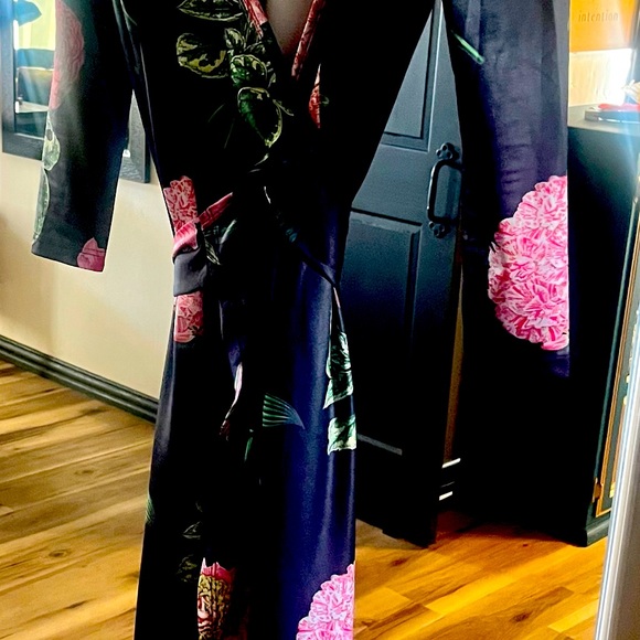 Black silky floral full length stunning wrap dress by Voodoo Vixen in Medium! - Picture 2 of 8